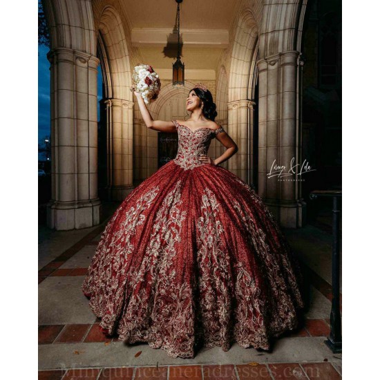 2024 Instagram Gowns Red Quince Dresses Sequin Off Shoulder Vestidos De 15 Anos Sweetheart Neck Birthday Party Dress