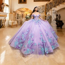 3D Flowers Sweet 15 16 Party Dress Off Shoulder Lavender Quinceanera Dress 2024 Ball Gown Formal Prom Dresses