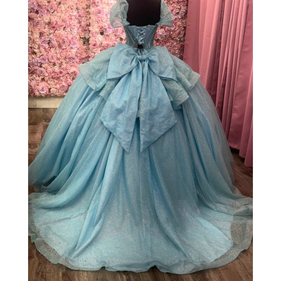 Beaded Blue Floral Ball Gown Sequin Quinceanera Sweet 16 Dresses Cape Sleeve Vestidos De 15 Anos