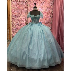 Beaded Blue Floral Ball Gown Sequin Quinceanera Sweet 16 Dresses Cape Sleeve Vestidos De 15 Anos