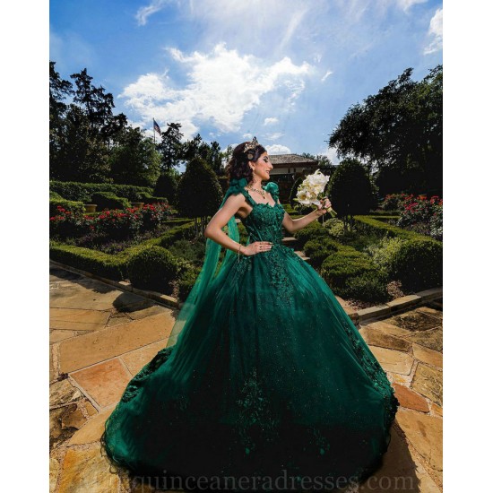 Cape Sleeve Emerald Green Quince Dresses Off Shoulder Birthday Party Dress Lace Appliques Vestidos De 15 Anos Sweetheart Neck 2024 Instagram Gowns