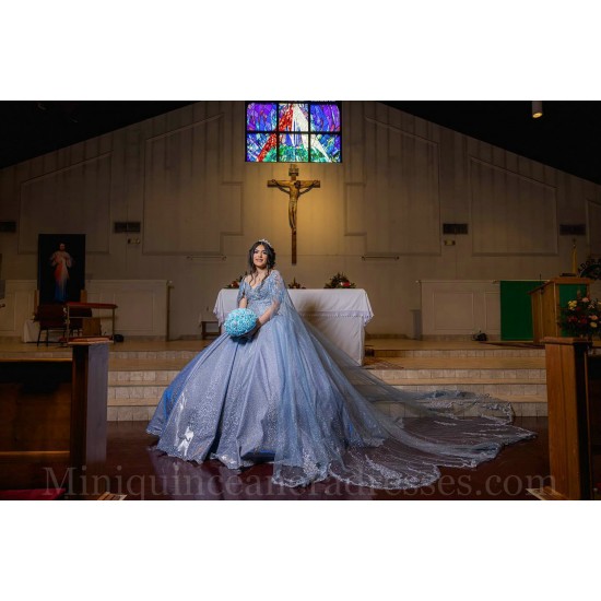 Cape Sleeve Sky Blue Quince Dresses Off Shoulder Birthday Party Dress Sequin Vestidos De 15 Anos Sweetheart Neck 2024 Instagram Gowns