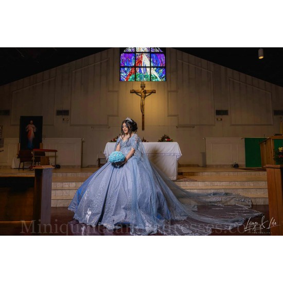 Cape Sleeve Sky Blue Quince Dresses Off Shoulder Birthday Party Dress Sequin Vestidos De 15 Anos Sweetheart Neck 2024 Instagram Gowns