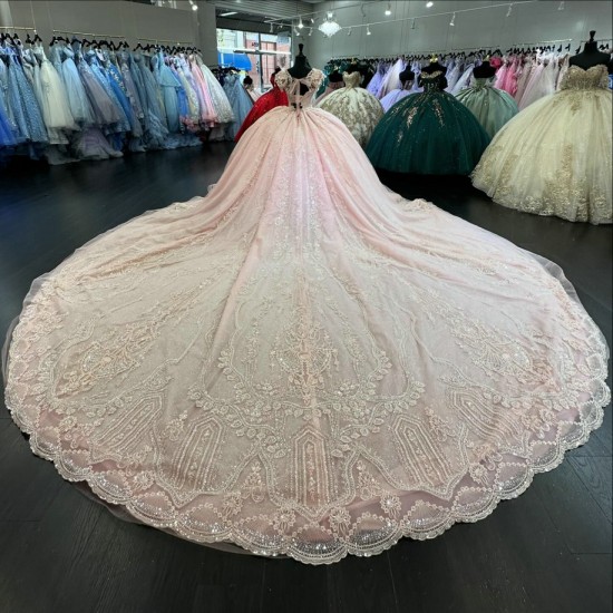 Cape Sleeve Pink Quinceanera Dress Sweetheart Neck Sweet 15 Gowns Sequin Vestidos De 15 Anos With Cathedral Train