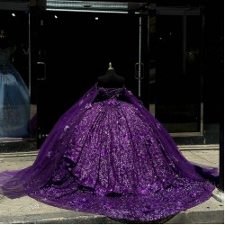 Beading Purple Quinceanera Dress Sweetheart Neck Cape Sleeve Vestidos De 15 Anos Sequin Instagram Gowns Lace Appliques Princess Dress