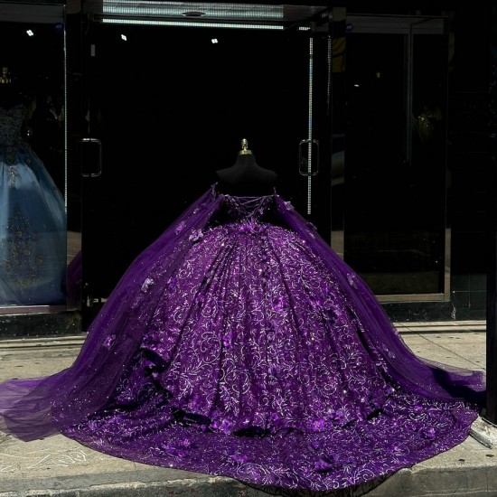 Beading Purple Quinceanera Dress Sweetheart Neck Cape Sleeve Vestidos De 15 Anos Sequin Instagram Gowns Lace Appliques Princess Dress