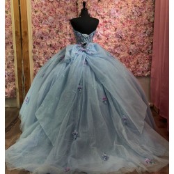 Customized Sky Blue Quinceanera Dress Ball Gown Gold Lace Applique Sweet 16 Vestidos 15 Anos With Bow