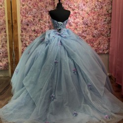 Customized Sky Blue Quinceanera Dress Ball Gown Gold Lace Applique Sweet 16 Vestidos 15 Anos With Bow