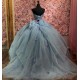 Customized Sky Blue Quinceanera Dress Ball Gown Gold Lace Applique Sweet 16 Vestidos 15 Anos With Bow