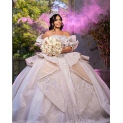 Detachable Sleeve Champagne Quinceanera Dress Sweet 15 Gowns Sequin Vestidos De 15 Anos With Bow