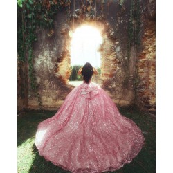 Detachable Sleeve Quinceanera Dress Pink Sweet 15 Gowns Sweetheart Neck Sequin Vestidos De 15 Anos With Bow