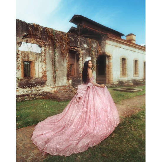 Detachable Sleeve Quinceanera Dress Pink Sweet 15 Gowns Sweetheart Neck Sequin Vestidos De 15 Anos With Bow