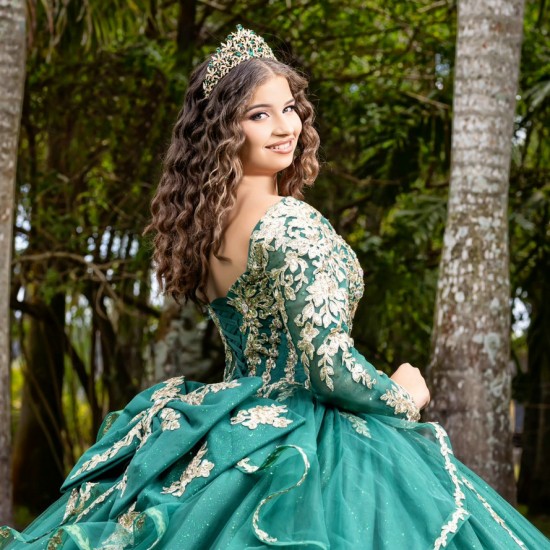 Fashion Emerald Green Quinceanera Dresses Long Sleeve Formal Party Gowns Sweetheart Sequined Lace Applique Ball Gown Prom