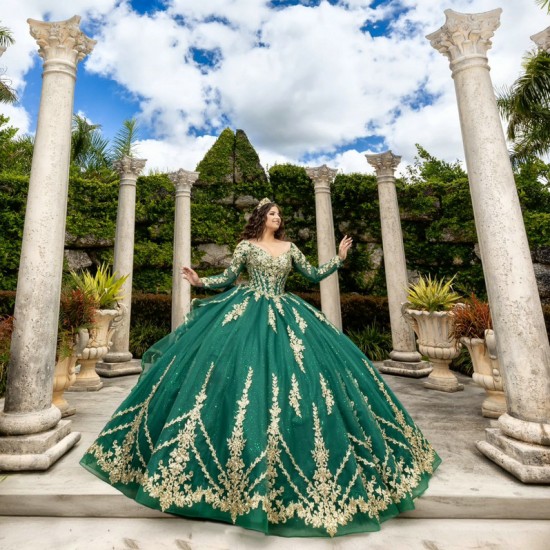 Fashion Emerald Green Quinceanera Dresses Long Sleeve Formal Party Gowns Sweetheart Sequined Lace Applique Ball Gown Prom