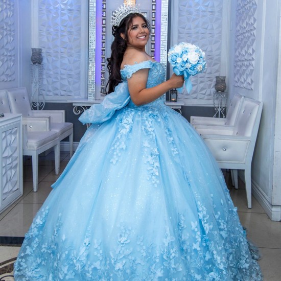 Glitter 2024 Sky Blue Quinceanera Dress Ball Gown 3D Lace Applique Beading With Bow Corset Sweet 16 Vestido De 15 Anos