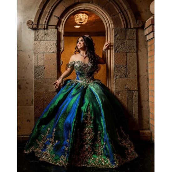 Green On Blue Quince Dress Off Shoulder 15 Anos Lace Appliques Sequin Women 2024 Ball Gown Sweetheart Neck Girl Birthday Gowns