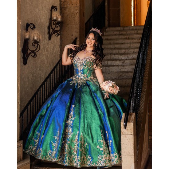 Green On Blue Quince Dress Off Shoulder 15 Anos Lace Appliques Sequin Women 2024 Ball Gown Sweetheart Neck Girl Birthday Gowns