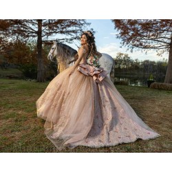 Instagram Gowns Rose Gold Quince Dress Off Shoulder Vestidos De 15 Anos Lace Appliques Sweetheart Neck Birthday Party Dresses