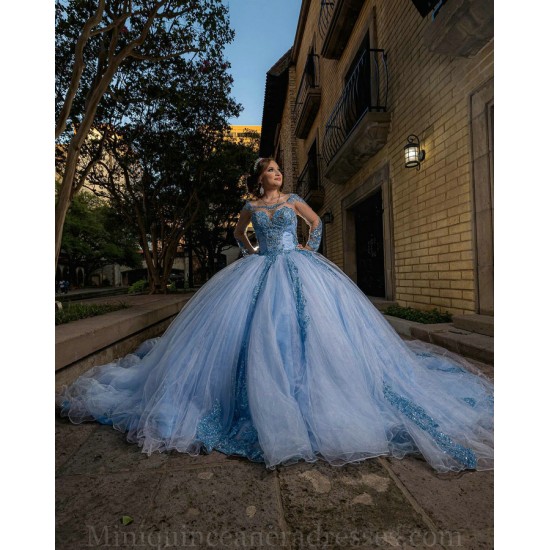 Long Sleeve Sky Blue Quinceanera Dress Sweetheart Neck Sweet 15 Gowns Lace Appliques 2024 Instagram Gowns Vestidos De 15 Anos