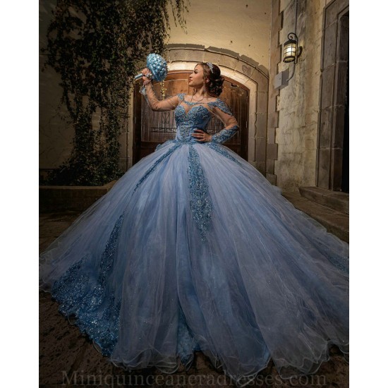 Long Sleeve Sky Blue Quinceanera Dress Sweetheart Neck Sweet 15 Gowns Lace Appliques 2024 Instagram Gowns Vestidos De 15 Anos