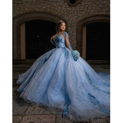 Long Sleeve Sky Blue Quinceanera Dress Sweetheart Neck Sweet 15 Gowns Lace Appliques 2024 Instagram Gowns Vestidos De 15 Anos