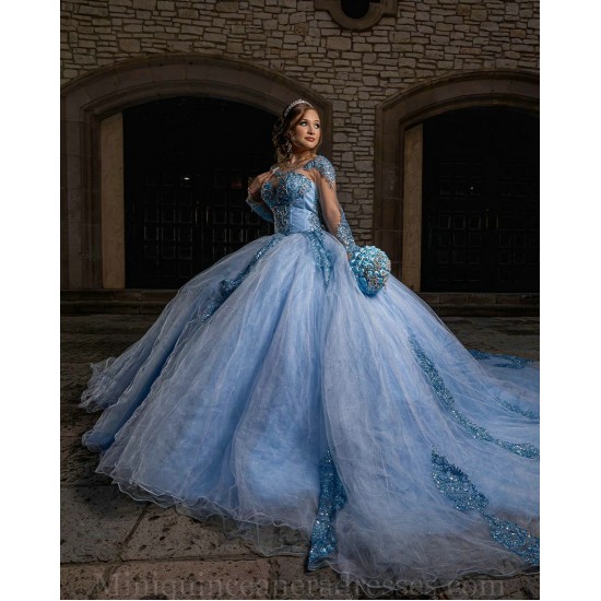 Long Sleeve Sky Blue Quinceanera Dress Sweetheart Neck Sweet 15 Gowns Lace Appliques 2024 Instagram Gowns Vestidos De 15 Anos