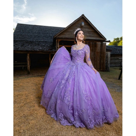 Long Sleeve Vestidos De 15 Anos Lilac Quince Dress Sweetheart Neck Instagram Gowns Lace Appliques Birthday Party Dress