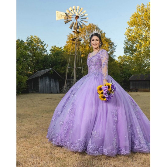 Long Sleeve Vestidos De 15 Anos Lilac Quince Dress Sweetheart Neck Instagram Gowns Lace Appliques Birthday Party Dress