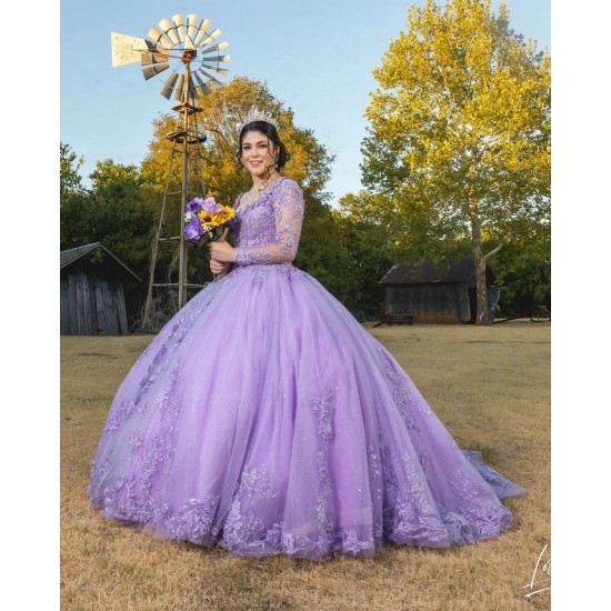 Long Sleeve Vestidos De 15 Anos Lilac Quince Dress Sweetheart Neck Instagram Gowns Lace Appliques Birthday Party Dress