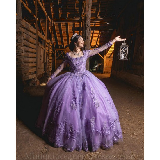 Long Sleeve Vestidos De 15 Anos Lilac Quince Dress Sweetheart Neck Instagram Gowns Lace Appliques Birthday Party Dress