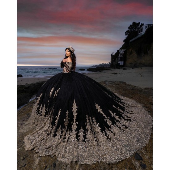 Long Sleeve Black Quinceanera Dress 2024 Ball Gown Floral Appliques Sweet 15 16 Dress Sparkle Cocktail Dresses