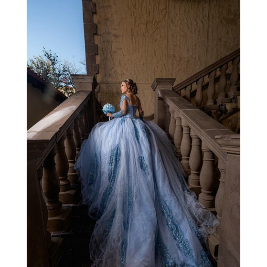 Long Sleeve Sky Blue Quinceanera Dresses with Appliquea Tulle Corset Vestidos De 15 Anos Custom Made