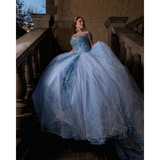 Long Sleeve Sky Blue Quinceanera Dresses with Appliquea Tulle Corset Vestidos De 15 Anos Custom Made