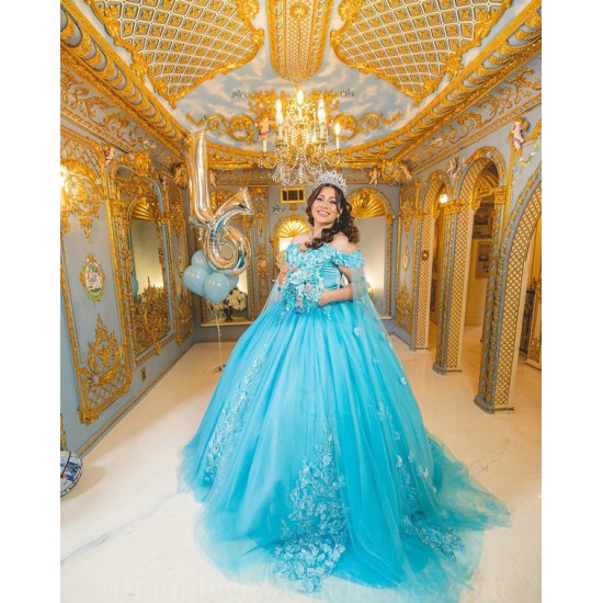 Off Shoulder Aqua Quince Dresses 3D Flowers Vestidos De 15 Anos Sweetheart Neck 2024 Instagram Gowns Birthday Party Dress