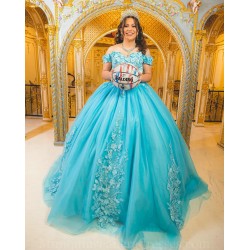 Off Shoulder Aqua Quince Dresses 3D Flowers Vestidos De 15 Anos Sweetheart Neck 2024 Instagram Gowns Birthday Party Dress