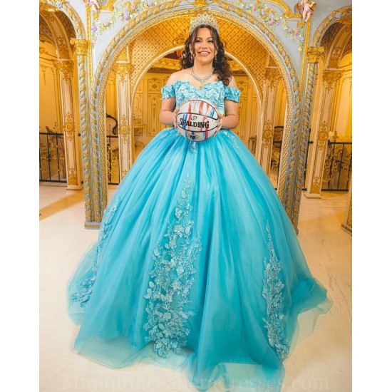 Off Shoulder Aqua Quince Dresses 3D Flowers Vestidos De 15 Anos Sweetheart Neck 2024 Instagram Gowns Birthday Party Dress