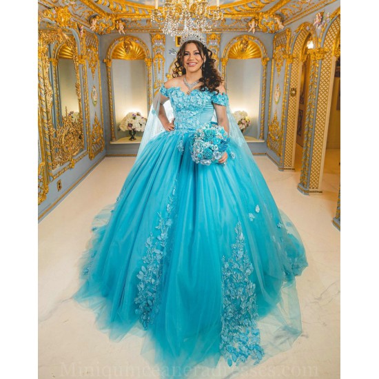 Off Shoulder Aqua Quince Dresses 3D Flowers Vestidos De 15 Anos Sweetheart Neck 2024 Instagram Gowns Birthday Party Dress