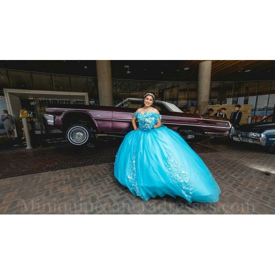 Off Shoulder Aqua Quinceanera Dress 3D Flowers Sweet 15 Gowns Wear Pageant Sweetheart Neck 2024 Instagram Gowns