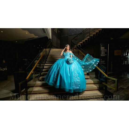 Off Shoulder Aqua Quinceanera Dress 3D Flowers Sweet 15 Gowns Wear Pageant Sweetheart Neck 2024 Instagram Gowns