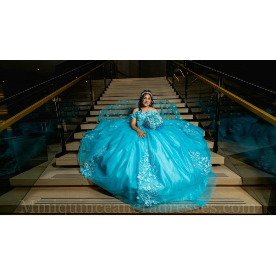 Off Shoulder Aqua Quinceanera Dress 3D Flowers Sweet 15 Gowns Wear Pageant Sweetheart Neck 2024 Instagram Gowns