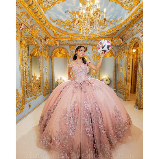 Off Shoulder Pink Quinceanera Dress Sweetheart Neck Sweet 15 Gowns 3D Flowers Vestidos De 15 Anos 2024 Instagram Gowns