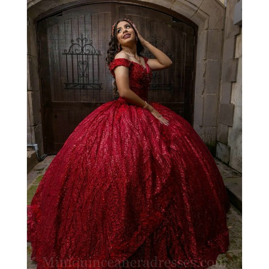 Off Shoulder Red Quinceanera Dress Crystal Sweet 15 Gowns Sequin Wear Pageant Sweetheart Neck 2024 Instagram Gowns