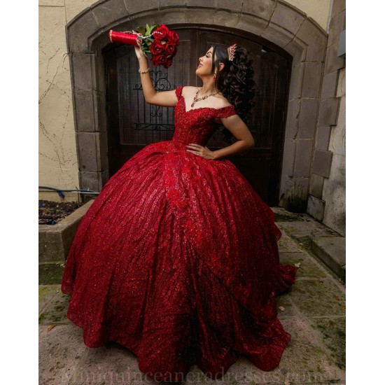 Off Shoulder Red Quinceanera Dress Crystal Sweet 15 Gowns Sequin Wear Pageant Sweetheart Neck 2024 Instagram Gowns