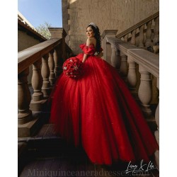 Off Shoulder Vestidos De 15 Anos Red Quince Dress Sweetheart Neck Instagram Gowns Sequin Birthday Party Dresses