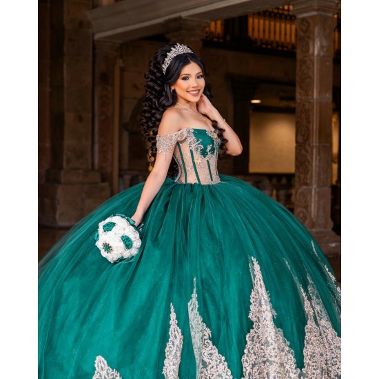 Off Shoulder Emerald Green Quince Dress Sheer Bodice Vestidos De 15 Anos Lace Appliques Sequin Birthday Party Dress