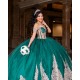 Off Shoulder Emerald Green Quince Dress Sheer Bodice Vestidos De 15 Anos Lace Appliques Sequin Birthday Party Dress