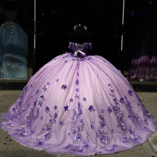 Off Shoulder Lilac Quince Dress Sweetheart Neck Vestidos De 15 Anos Sheer Bodice Sequin Birthday Party Dress With 3D Flowers