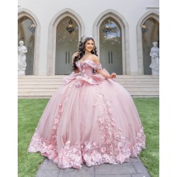 Off Shoulder Pink Quince Dress Crystal V Neck Vestidos De 15 Anos With 3D Flowers