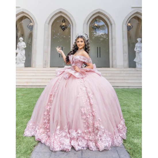 Off Shoulder Pink Quince Dress Crystal V Neck Vestidos De 15 Anos With 3D Flowers