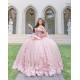 Off Shoulder Pink Quince Dress Crystal V Neck Vestidos De 15 Anos With 3D Flowers